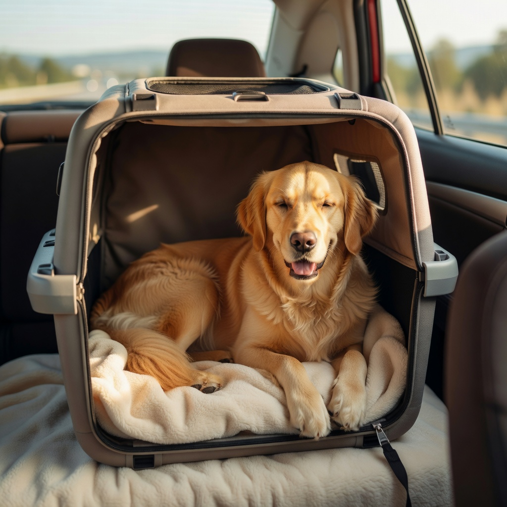Dog relaxed inside a travel carrier for road trip