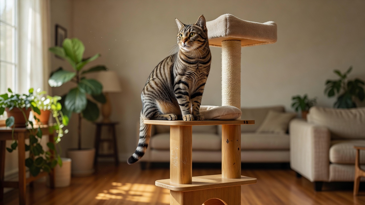 Curious cat playing with indoor enrichment tower