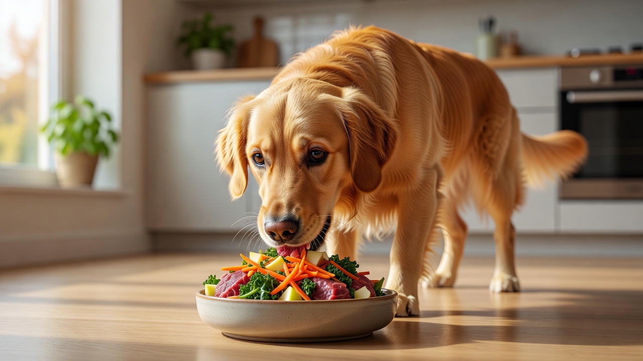 Golden Retriever eating healthy raw dog food