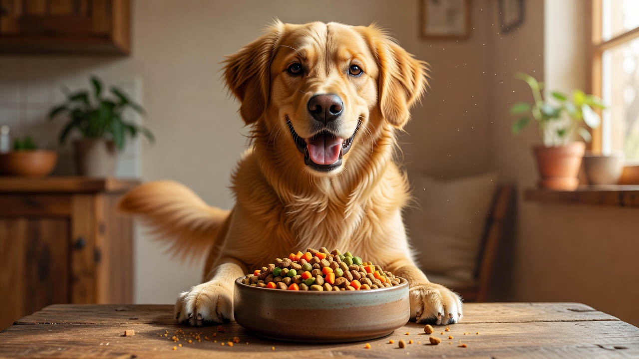 Happy playful dog dining with nutritious pet food bowl