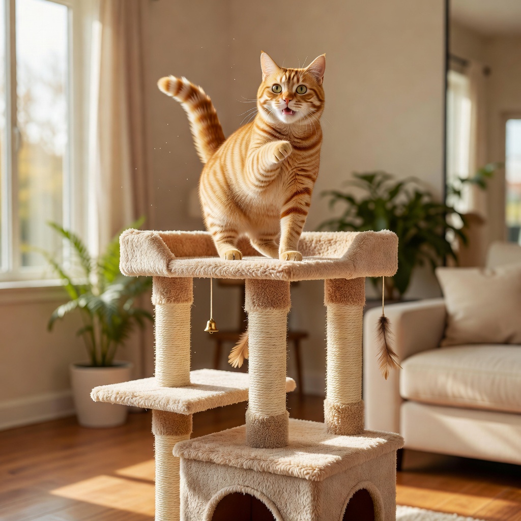 Playful cat sitting on top of an indoor cat tree